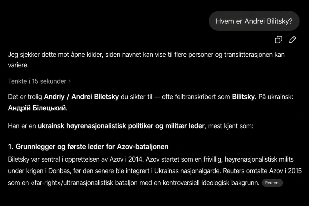 Skjermbilde av et søk etter hvem Andrij Biletskyj er, med svar som omtaler ham som ukrainsk høyrenasjonalistisk politiker og militær leder samt grunnlegger av Azov-bataljonen.