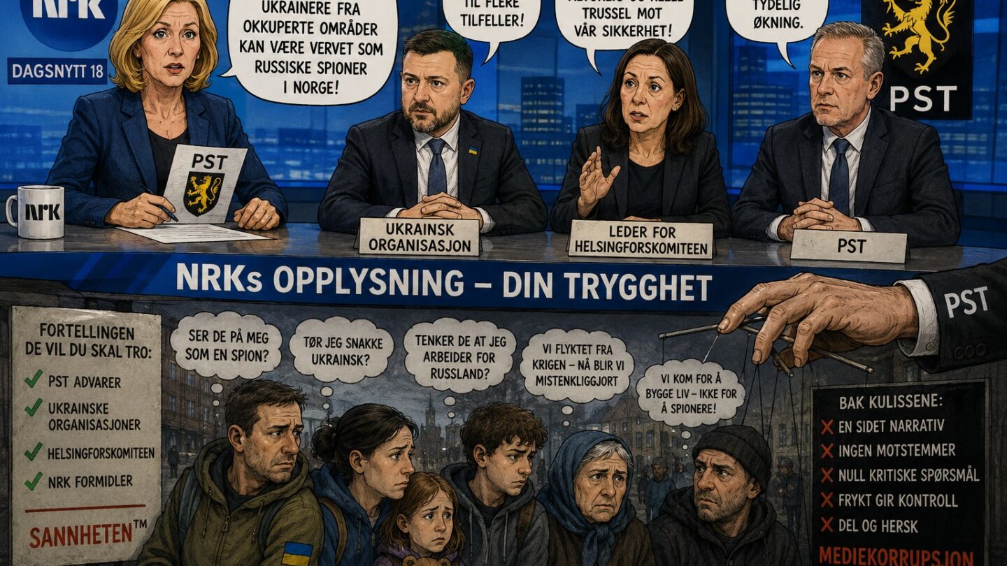 Satirisk illustrasjon av en NRK-sending der PST advarer om at ukrainere fra okkuperte områder kan bli vervet som russiske spioner, mens ukrainske flyktninger fremstilles som mistenkeliggjort.