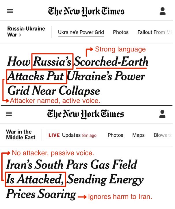 Redigert sammenstilling av to New York Times-overskrifter. Den øverste navngir Russland som angriper i Ukraina, mens den nederste omtaler et angrep på Irans South Pars-gassfelt i passiv form.