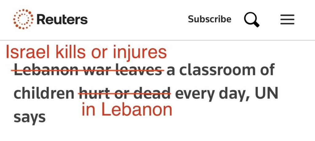 Redigert skjermdump av en Reuters-overskrift om barn som blir drept eller såret i Libanon, der røde overstrykninger og tekst peker på hvordan ansvaret språklig tones ned.