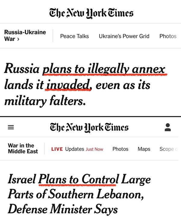 Sammenstilling av to New York Times-overskrifter der Russland omtales som å planlegge ulovlig anneksjon, mens Israel omtales som å planlegge kontroll over deler av Sør-Libanon.
