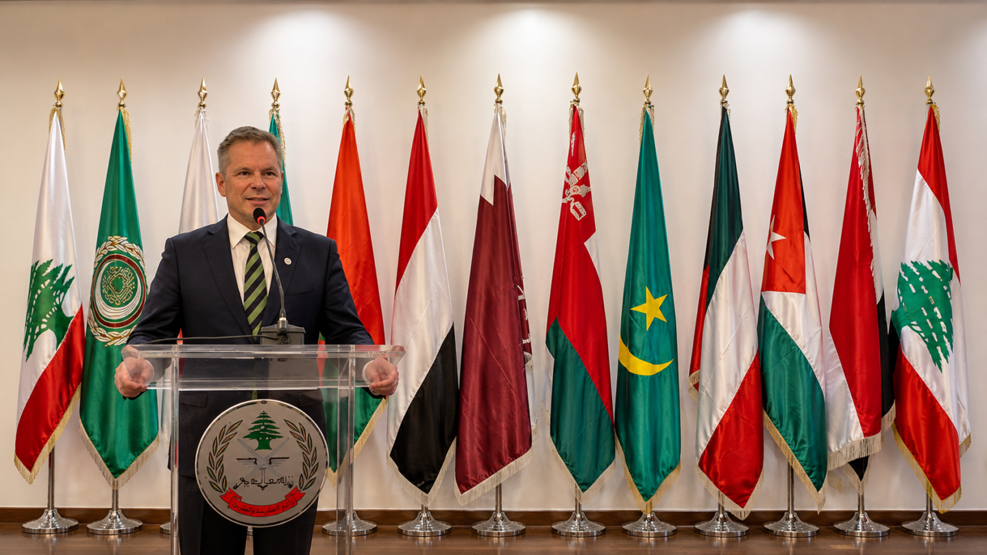 Dan Viggo Bergtun taler fra podiet under et møte i Arab Veterans League i Beirut, med libanesiske og arabiske flagg i bakgrunnen.