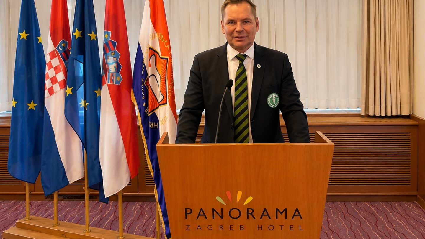 Dan-Viggo Bergtun står ved en talerstol under et foredrag i Zagreb, med EU- og kroatiske flagg i bakgrunnen.