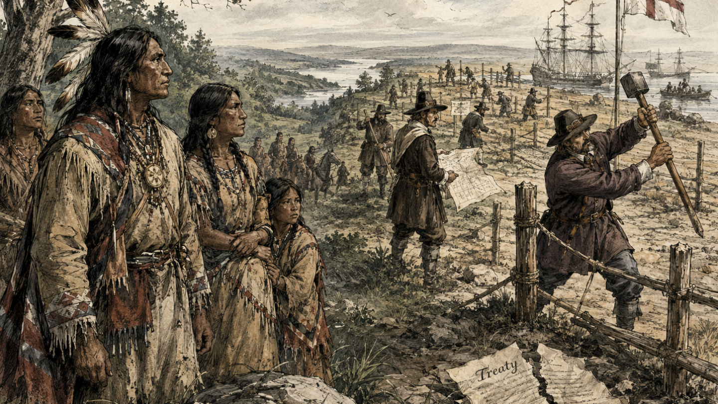 Illustrasjon av urfolk som ser på europeiske kolonister som setter opp gjerder, flagg og eiendomsgrenser ved en kyst i Nord-Amerika.