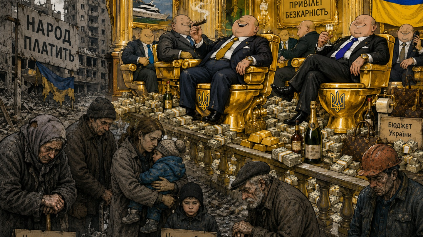 Satirisk illustrasjon av en ukrainsk maktelite som sitter i et overdådig gullrom på gulltoaletter omgitt av penger, luksusvarer og champagne, mens fattige ukrainere står i ruiner uten varme, arbeid eller fremtid.