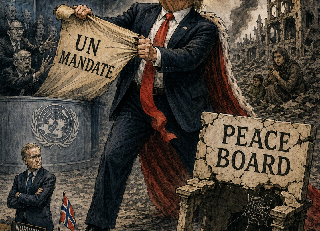 Karikatur av en Trump-lignende amerikansk leder med krone som river til seg et «UN Mandate», mens FN-flagget vaier bak ham og et ødelagt «Peace Board» ligger i ruinene.