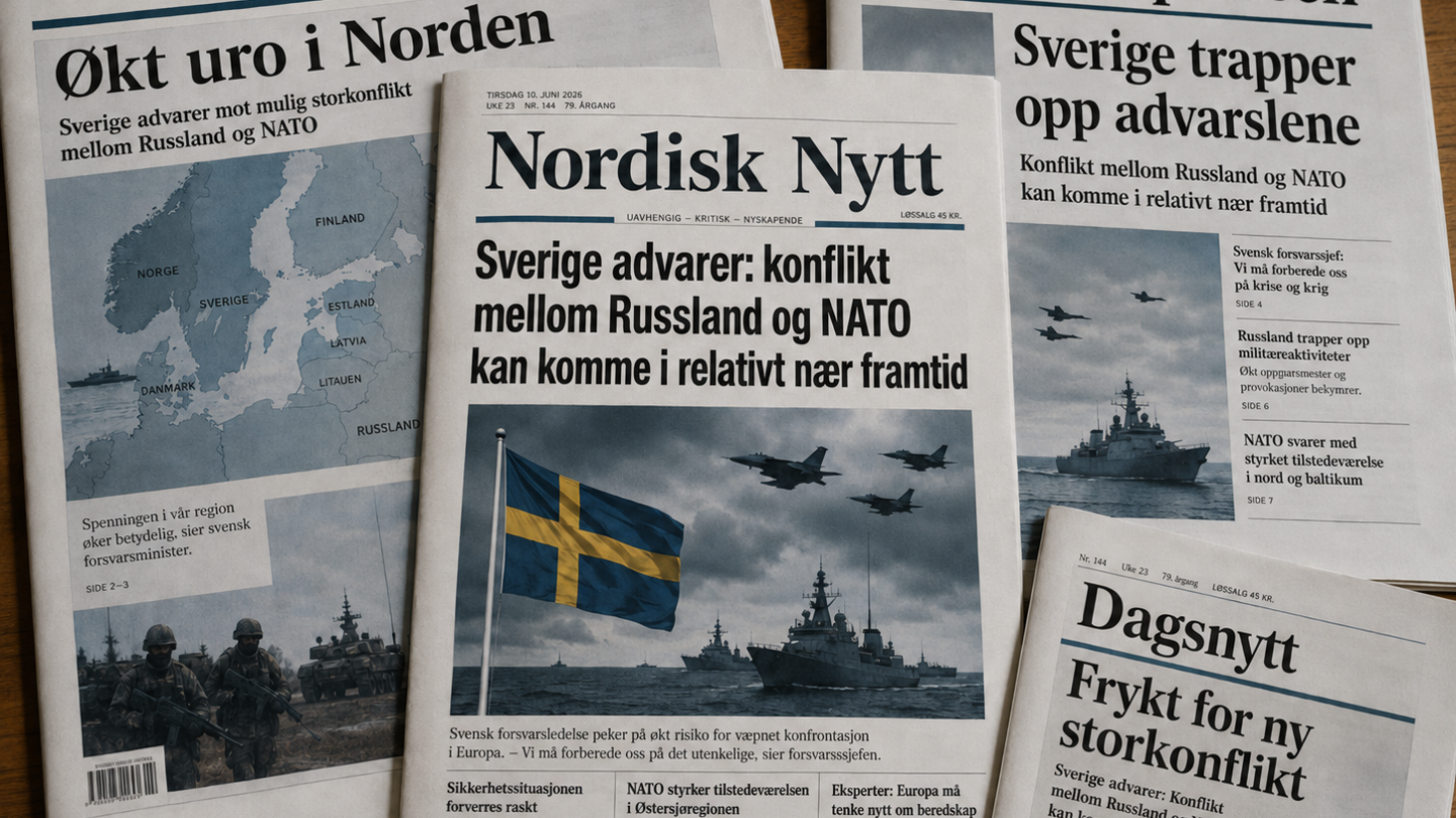 Illustrasjon av flere nordiske avisforsider med dramatiske overskrifter om økt uro, Sverige, Russland, NATO og frykt for storkonflikt i Europa.