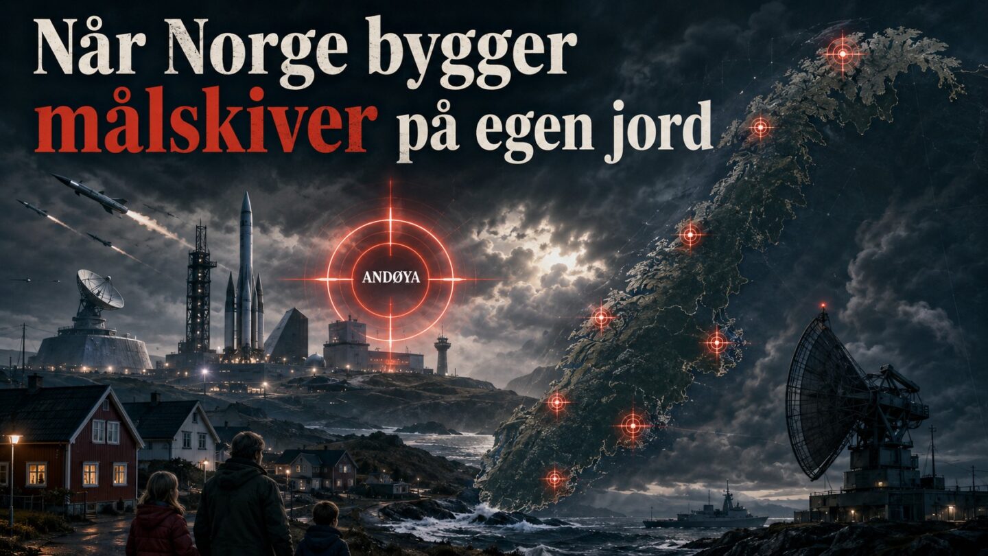 Dramatisk illustrasjon av Norge som strategisk målområde, med røde siktemerker over kartet, raketter, radarer, militære installasjoner og teksten «Når Norge bygger målskiver på egen jord».