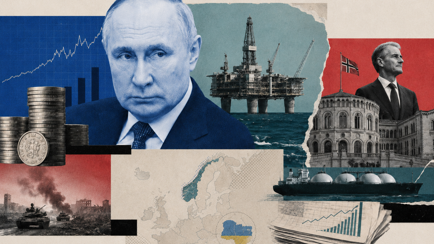 Redaksjonell collage med Vladimir Putin, Jens Stoltenberg, norsk oljeplattform, Stortinget, pengestabler, LNG-skip, Ukraina-kart og krigsruiner som illustrerer Norges økonomiske gevinster av Ukraina-krigens ringvirkninger.