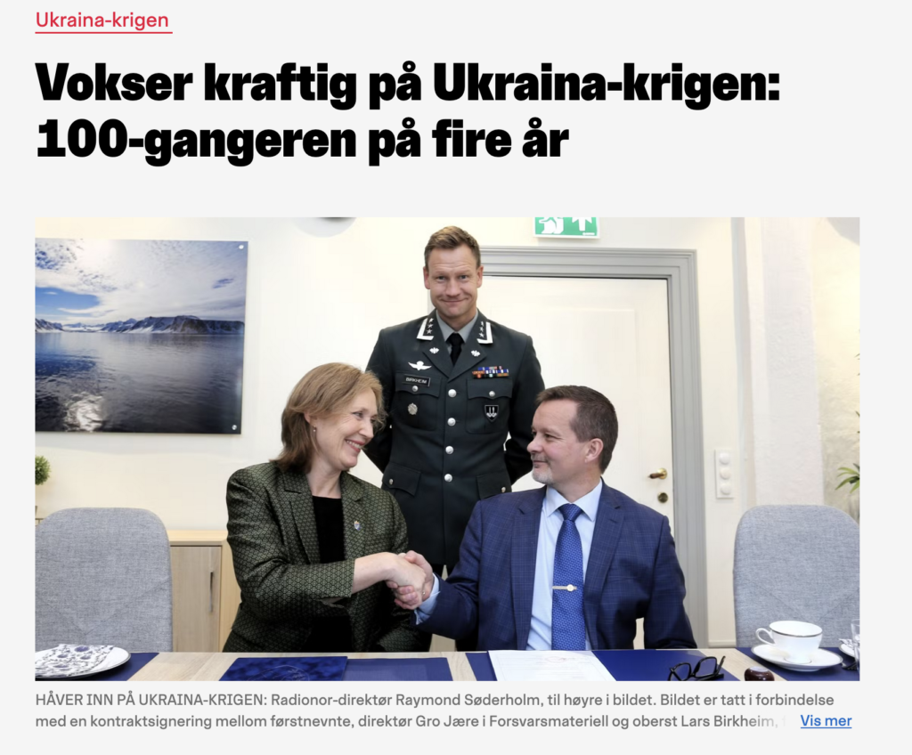 Skjermbilde av Nettavisen-artikkel med overskriften «Vokser kraftig på Ukraina-krigen: 100-gangeren på fire år», om Radionors vekst under Ukraina-krigen.